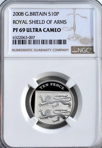 2008 Silver 10p Royal Shield Arms Ten Pence NGC Proof PF69 Great Britain