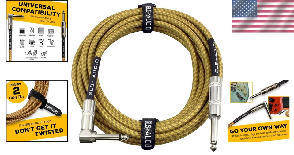 Cable duradero para guitarra eléctrica de 20 pies con conector de ángulo recto y tweed trenzado Foto 2 de 4