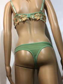OPEN CUP BRA & PANTIES SEXY MESH GREEN FLORAL LINGERIE SET FLOWERS NEW NWOT