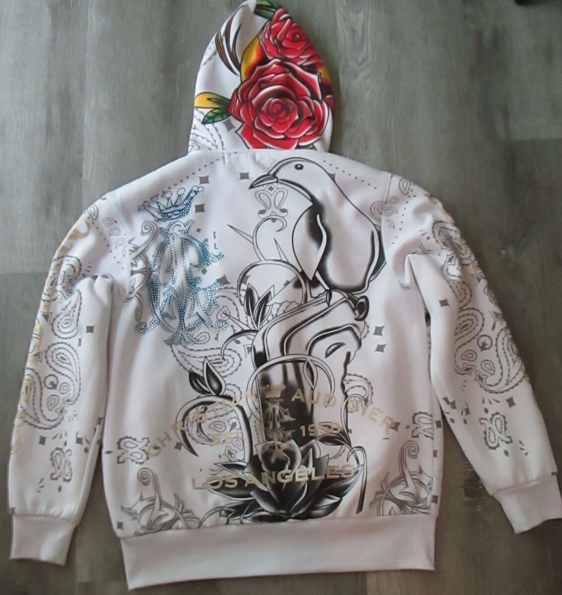VTG CHRISTIAN AUDIGIER FULL ZIP HOODIE WHITE EMBELLISHED VTG CHRISTIAN AUDIGIER FULL ZIP HOODIE WHITE EMBELLISHED