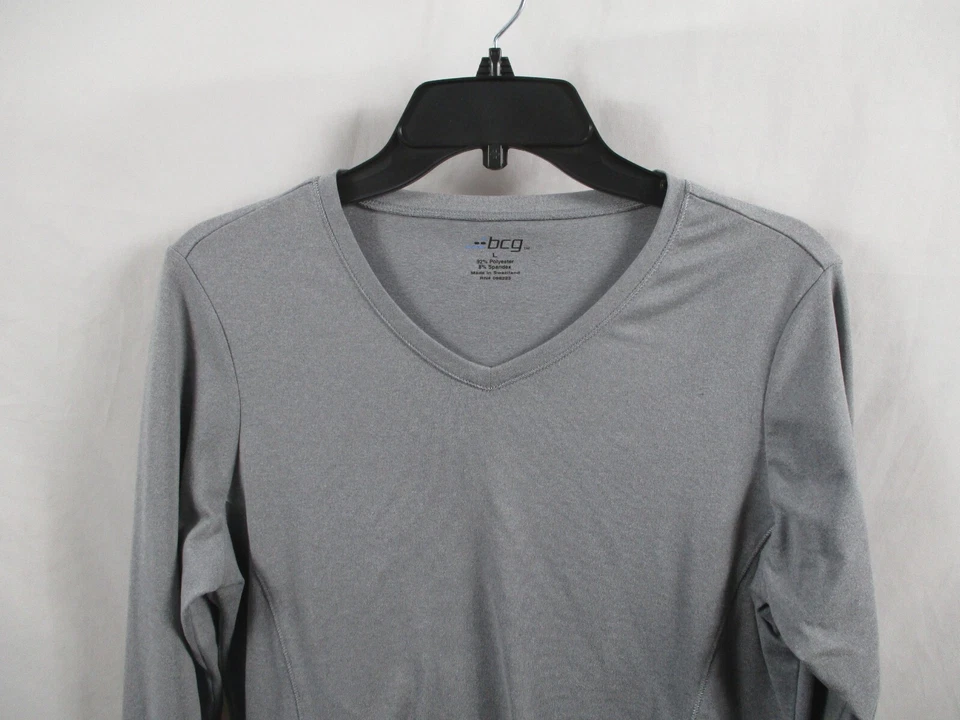 BCG Mujer Camisa Grande Gris Manga Larga Cuello en V Pullover Atlético Poliéster Foto 2 de 4