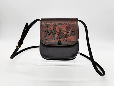 Dark Brown Genuine Leather Hand-Tooled Engraved Bolivia Leather Cross Body Bag