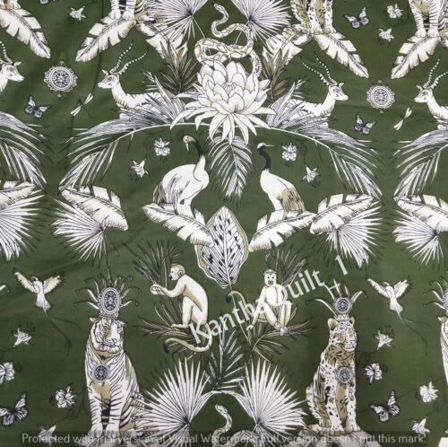 Indian Hand Block Green Animal Printed Dress making Cotton Fabric Craft Fabric - Afbeelding 1 van 4