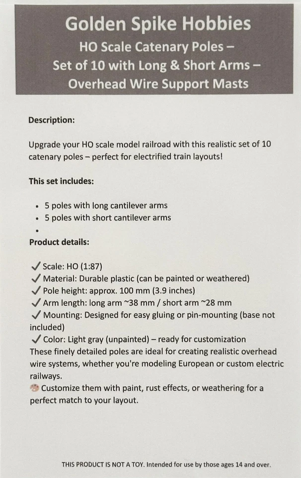 Postes de catenaria Golden Spike Hobbies escala HO, juego de 10 con brazos largos y cortos Foto 3 de 3