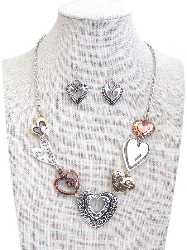 Set collana e orecchini maglia cuore rustico vintage argento e oro foto 4