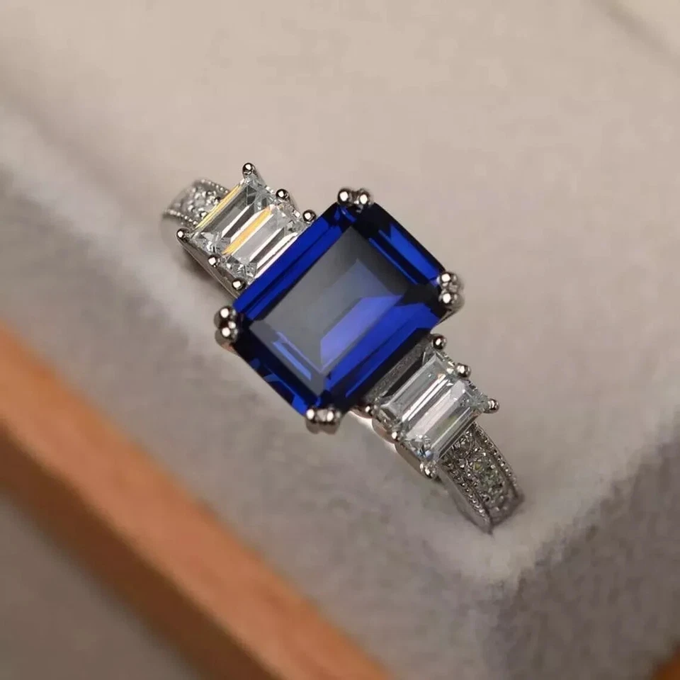 3.50 克拉翡翠切割天然蓝宝石钻石结婚戒指 14K 纯白金 — 第 2/4 张图片