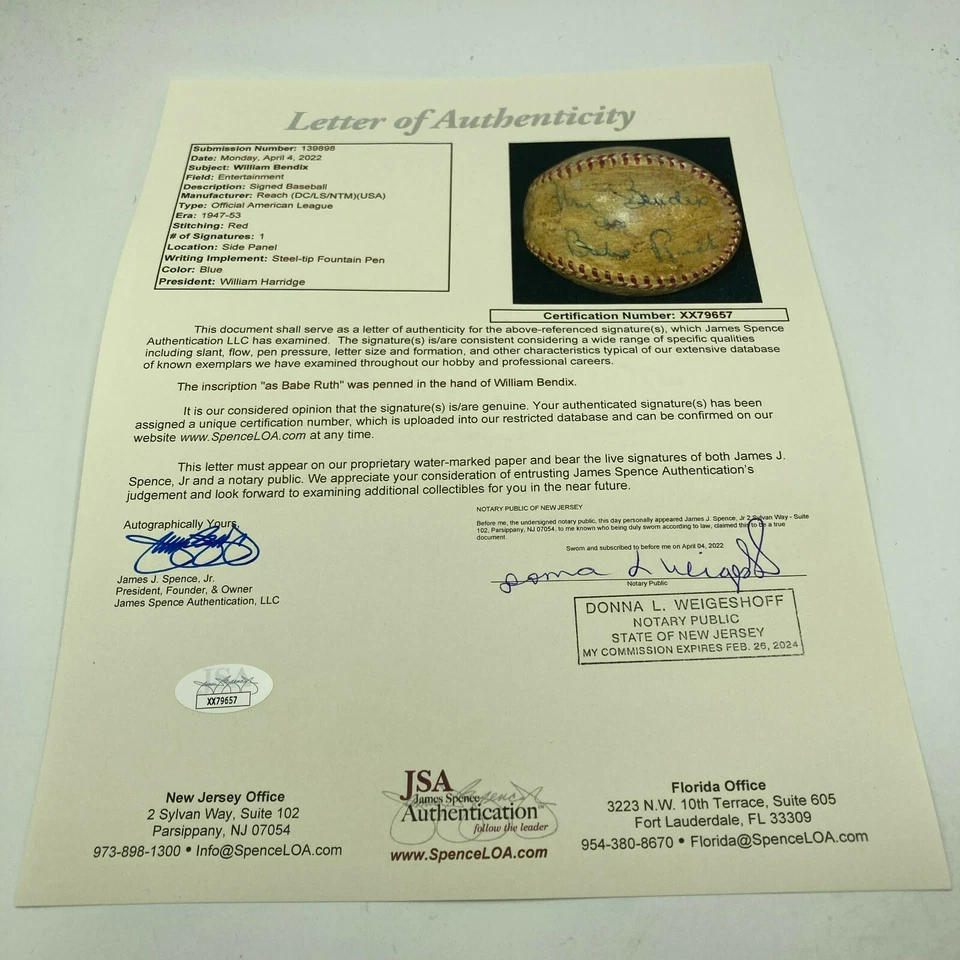 William Bendix "Babe Ruth" Signed Inscribed Baseball Movie Star JSA COA Dec 1964 - Image 2 of 4