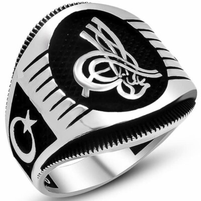 925 Sterling Silber Osmanischer Sultan Tughra Halbmond Stern Herren Ring