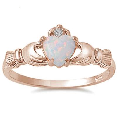 Irish Claddagh Rose Gold Plated White Opal & Cubic Zirconia .925 Sterling Silver