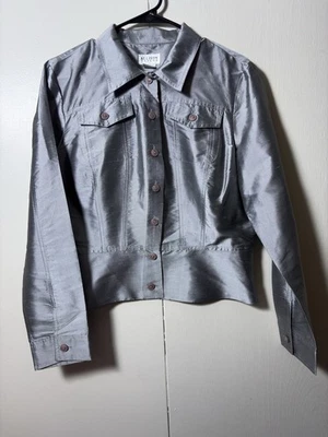 Allison Taylor 100% Silk Jacket L Silver Metallic Shimmer Y2K Siren Metallic - Image 1 of 4