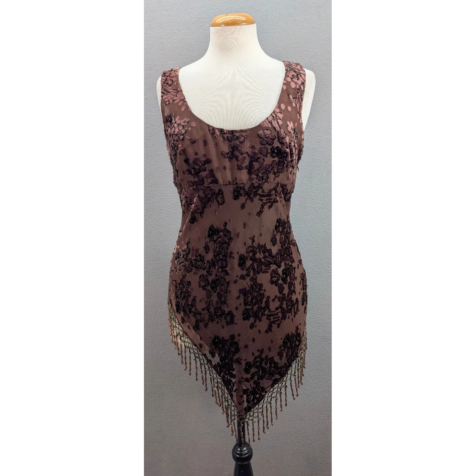 Женская бархатная майка Burnout с цветочным бисером асимметричный подол бахрома коричневая XS? - Изображение 4 из 4