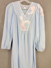 Vtg NATORI Nightgown Long Sleeve Blue Embroidered Nylon Womens S