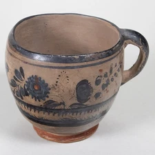 Antique Tonala Mexican Hand Burnished Cup with Handle - Floral and Bird Design