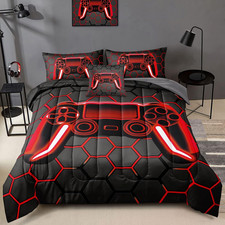 6 Piece Gamer Comforter Sets Bed in a Bag for Boys Teen Kids,Honeycomb Gaming Be