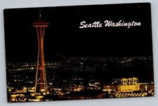 Civic Center Space Needle At Night Seattle Washington Vintage Postcard