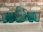 Vintage ANCHOR HOCKING Lido Milano Teal Blue Ball Pitcher W/ 8 Glasses~Excellent