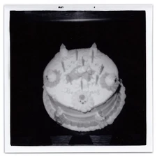 Photograph of Vintage Birthday Cake with Candles - 1950s Midcentury Celebration