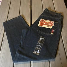 VTG 90s World Industries Devil Man Embroidered Skate Jeans Sz 34 Denim
