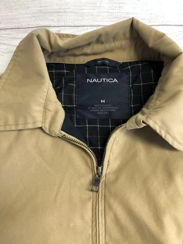 Nautica Jacket Mens Medium Khaki Bomber Zip Front Plaid Lined Logo image 5