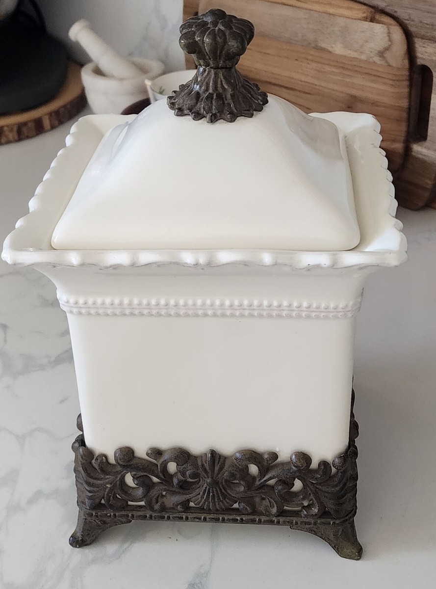 Rare Chris Madden JCPenney Corvella Stoneware Canister With Metal