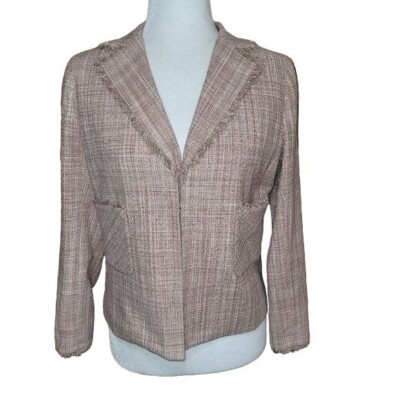 BCBG MaxAzria Women's Size Medium Tweed Fringed Silk Blazer Pink Tan Lined 