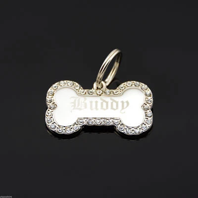 Custom Engraved Personalized Small Bone Shape w/ CZ Dog Metal Tag Pet ID Name
