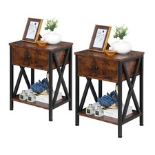 Set of 2 End Table Sofa Side Tables with Drawer X-Design Metal Frame for Bedroom