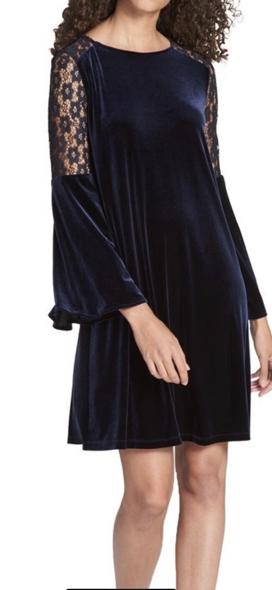 tommy hilfiger sheer sleeve dress Nwt Ne TOMMY HILFIGER Dress Womens 10 Blue Velvet Bell Lace Long Sheer  Sleeves