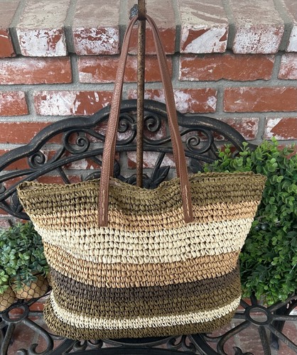 Vintage Old Navy Raffia Straw Paper Tote; Multi Color W/Dbl Hndls & Snap Closure - Picture 6 of 17
