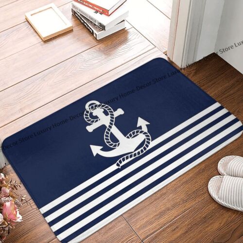 Doormat Living Room Mat Nautical Red White Stripes Red Anchor Blue Background  - Photo 1/15