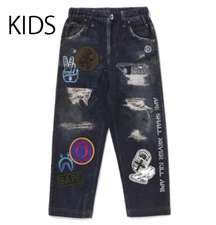 A BATHING APE BAPE KIDS BAPE EMBLEM DENIM PRINT SWEAT PANTS 1K70352001 z