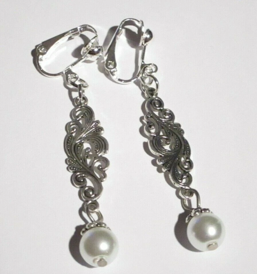 Ohrclips Clips verschnörkelt Ornament Kunstperle silberf weiß - Bild 2 von 4