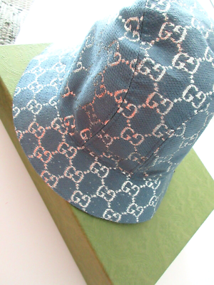 Gucci Blue Lame GG Bucket Hat in blue with GG in silver tone Size