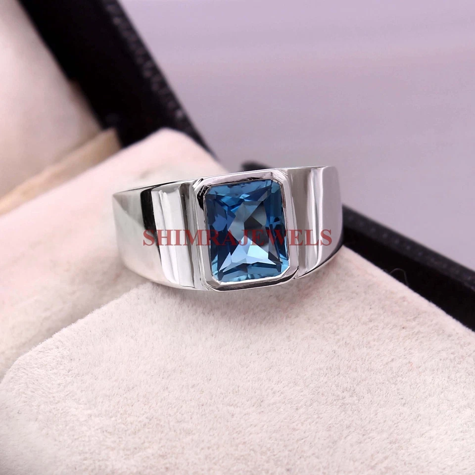 Natürlich Blau Topas Edelstein Mit 18k Weiß Vergoldet Silberring für Herren #954 - Bild 2 von 4