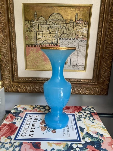 Vintage Blue MURANO Opaline Glass Vase Gold Brass Trim 8.5”h
