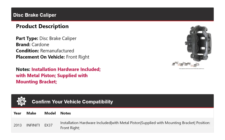 Pinza de freno de disco delantera derecha Cardone Infiniti Ex37 2013 Foto 2 de 4