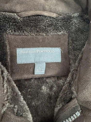 Perry Ellis Portfolio Men’s Brown Faux Suede Faux Fur Lined Zip Jacket L image 2