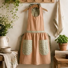Handmade Cottagecore Apron Pink Floral Pockets Farmhouse Kitchen Apron