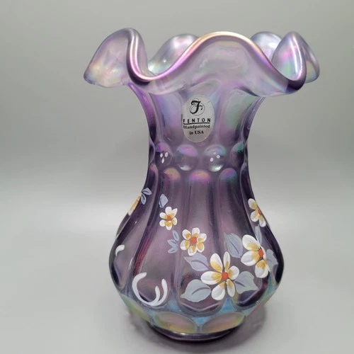 Fenton Flute & Dot Purple Violet Satin Iridescent Vase Hand Painted Daisy Signed