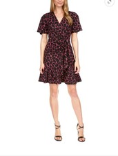 Michael Kors Pink & Black Giraffe Printed Faux Wrap ‘Date Night’ Dress Small