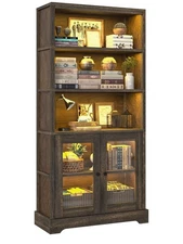 TVU 5-Tier Bookcase with Cabinet & LED, Wood 65 Inch Tall Bookshelf w/ Storage