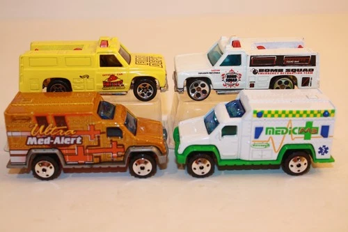 4 Vintage Matchbox / Hot Wheels Trucks AMBULANCE / BOMB SQUAD / FIRE DEPARTMENT