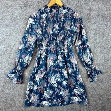 Pink Rose Fit & Flare Dress Womens Small Blue Floral Smocked Boho Cottagecore