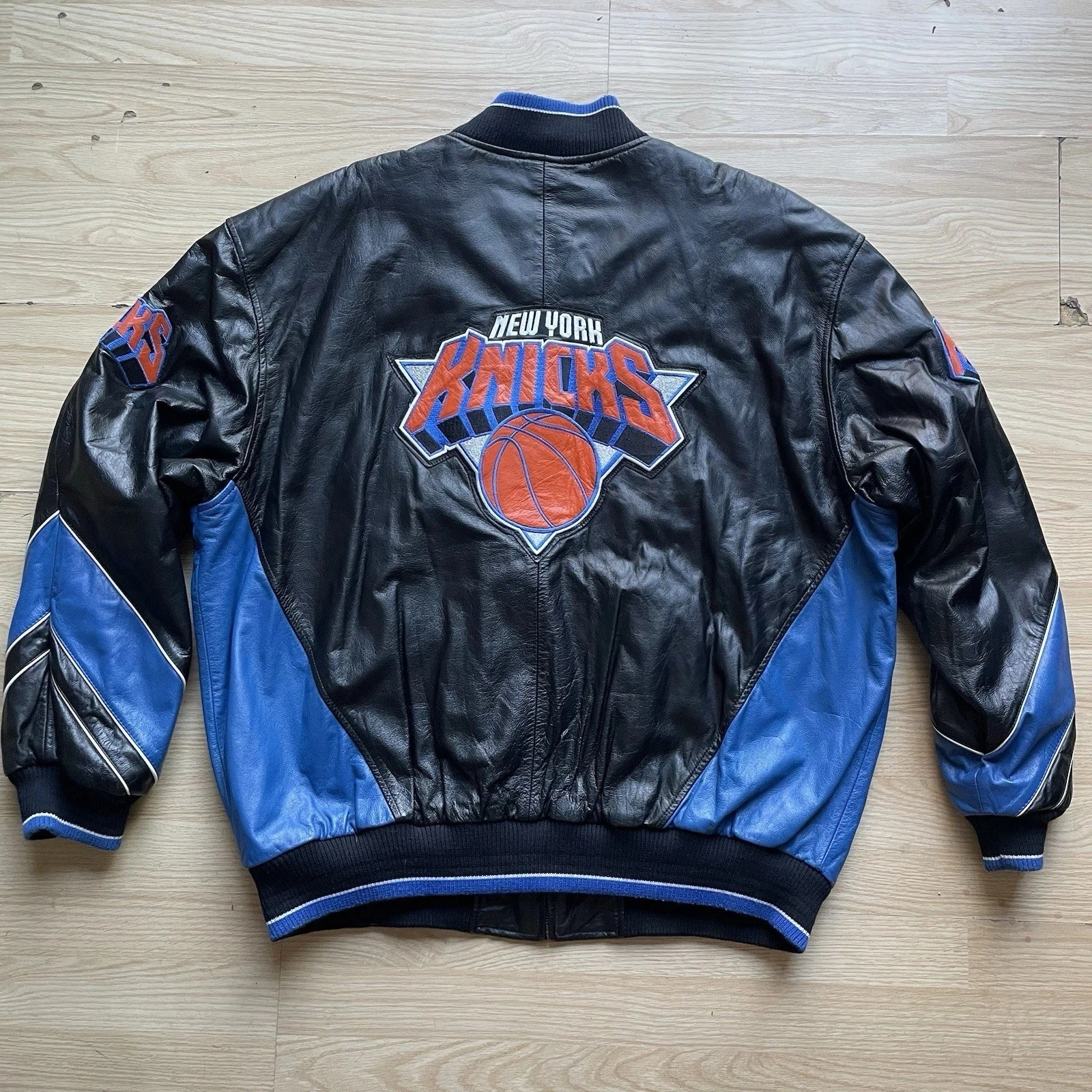 NBA New York Knicks Black and Blue Reversible Leather Letterman Jacket