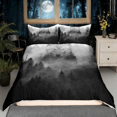 Wolf Printed Bedding Set Queen,Misty Woods Comforter Cover for Boys Girls,Kid...