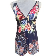 FARM RIO Navy Floral Patchwork Mini Dress Tunic Size XS/S Boho Brazil Viscose