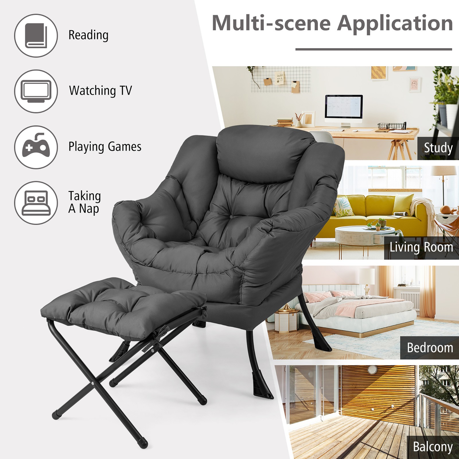 Lazy Sofa Chair Accent Leisure Armchair w/Folding Footrest & Storage Pocket Grey