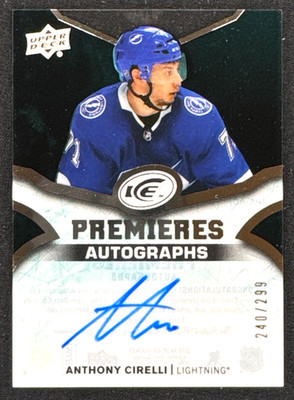 2018-19 UD Anthony Cirelli Ice Premieres AUTO /299 #IPA-AC Tampa Bay Lightning