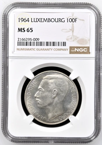 1964 Luxembourg 100 Francs Silver Grand Duke Jean KM#54 NGC MS 65