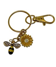 Bee Sunflower Charm Keychain Gold Tone Bee Flower Charm Key Ring, Handbag Charm